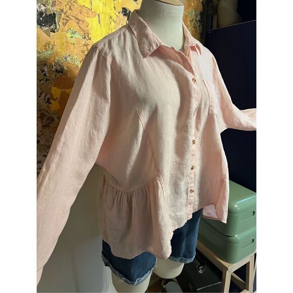 Anthropologie Holding Horses Linen McKenzie Pink Peplum Button Down Shirt oversi - Picture 4 of 12